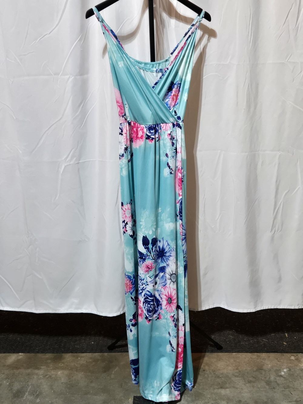 Aqua Floral Maxi Dress with Spaghetti Straps